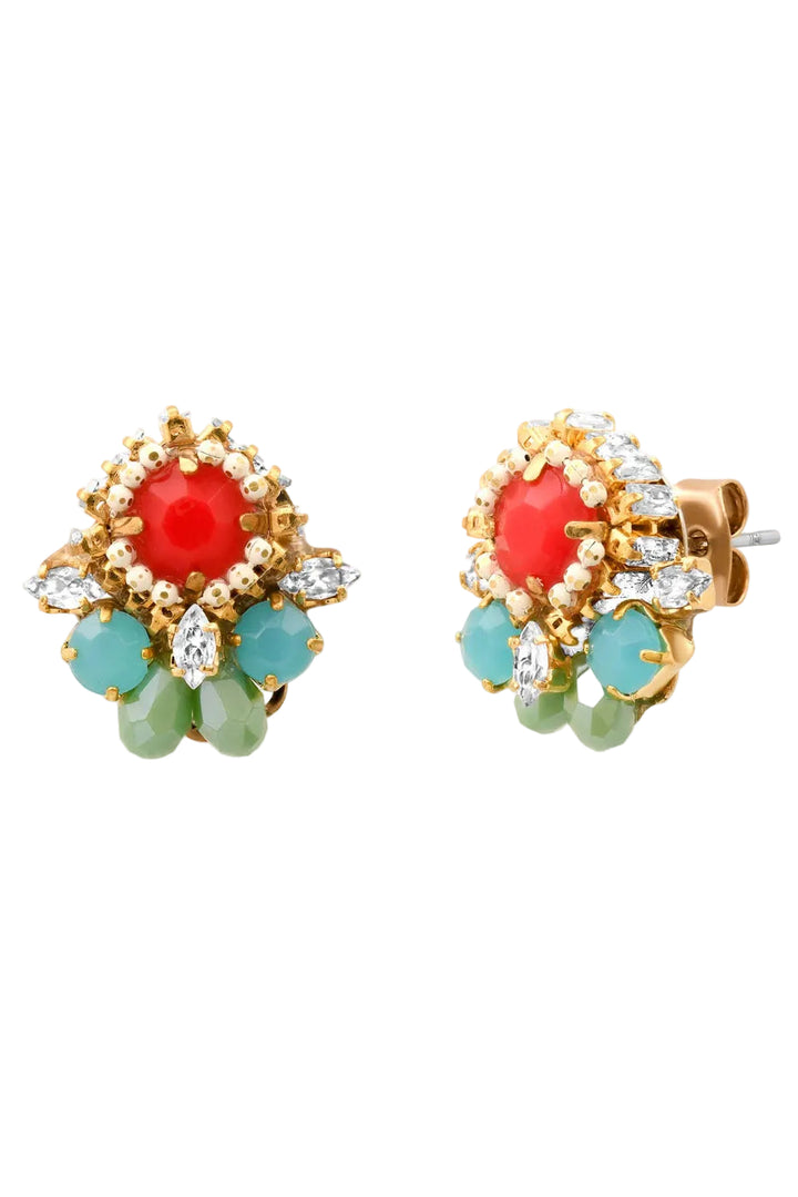 Pair of gold earrings with red, green, and blue gemstones on a white background