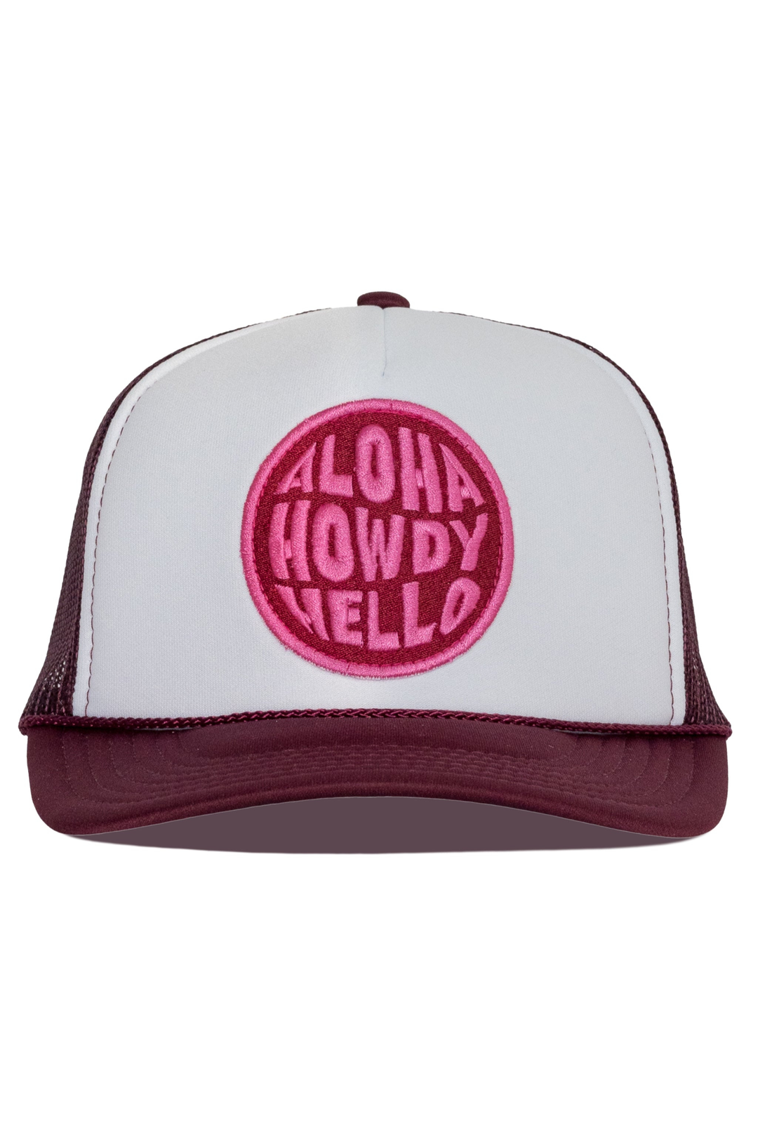 Friday Feelin' Aloha Howdy Hello Trucker Hat in Maroon - Dear Lucy