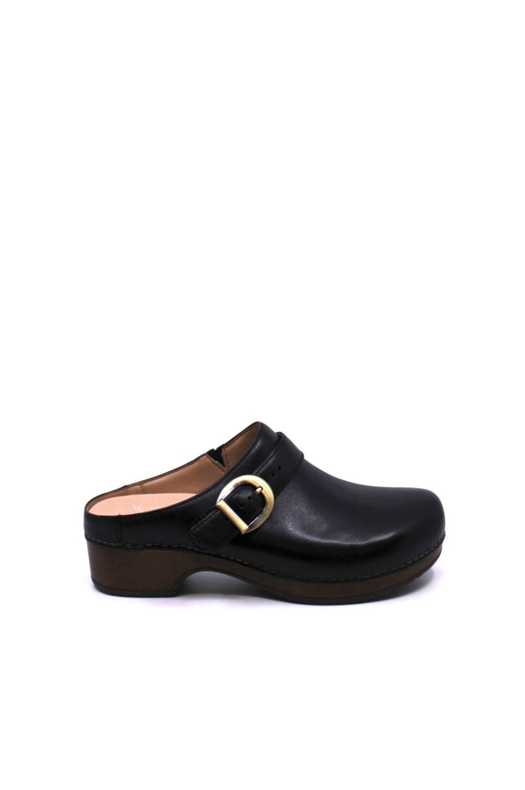 backless clog features a bold buckle and beautiful black leather from dansko