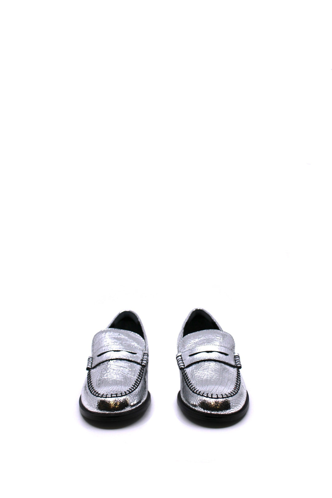 Free People Blanket Stitch Loafer Pale Pewter front view- Dear Lucy
Basic loafer with black stitching in silver.