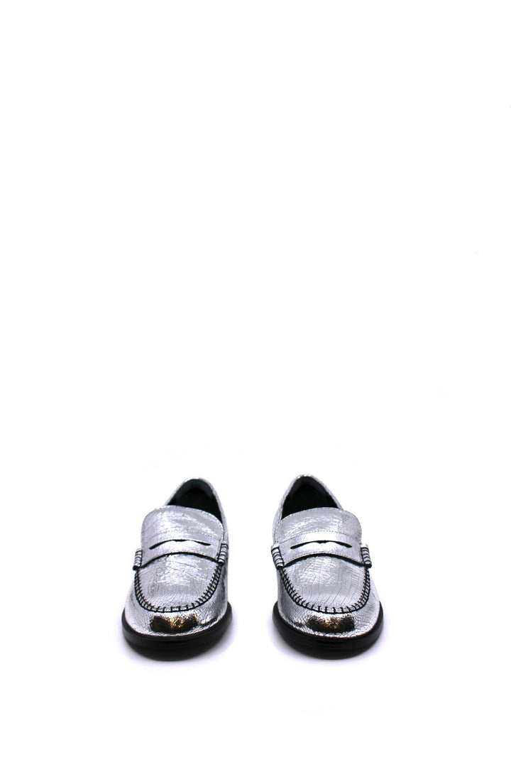Free People Blanket Stitch Loafer Pale Pewter front view- Dear Lucy
Basic loafer with black stitching in silver.