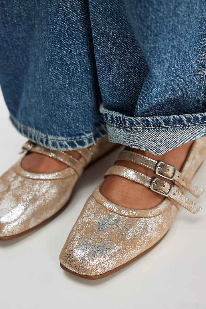 Free People Gemini Ballet Flat Champagne top view- Dear Lucy
Ballet flat with a double strap and silver buckles in metallic champagne.