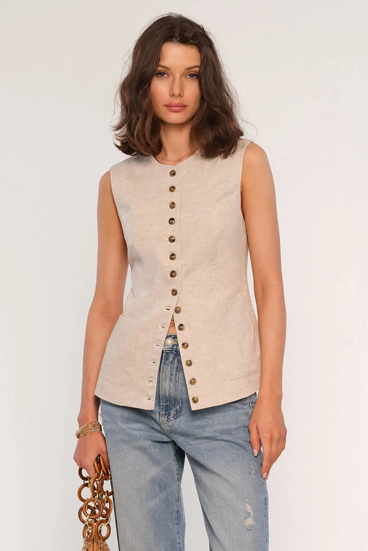 Heartloom Josette Vest  front view- Dear Lucy
Button-front vest with a high neckline, front pockets, and a back tie for a synched waist. 