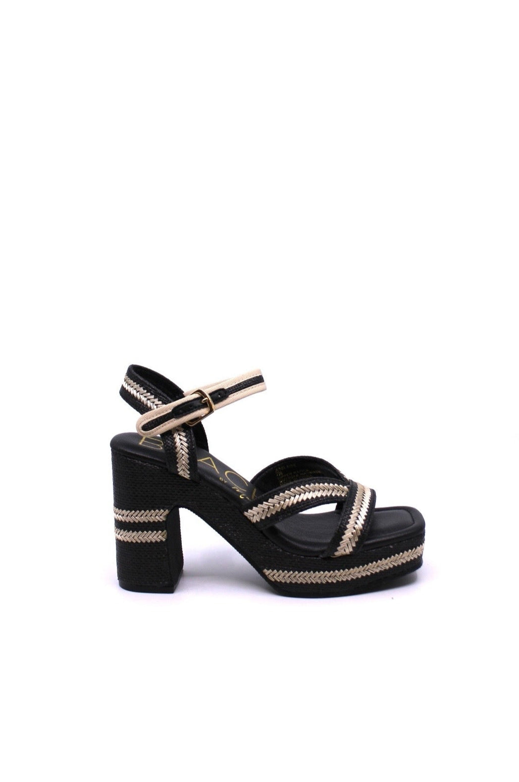 Matisse Adelaide Black side view- Dear Lucy Black platformed heel, with platinum stitching throughout featuring an ankle strap and over the foot strap.