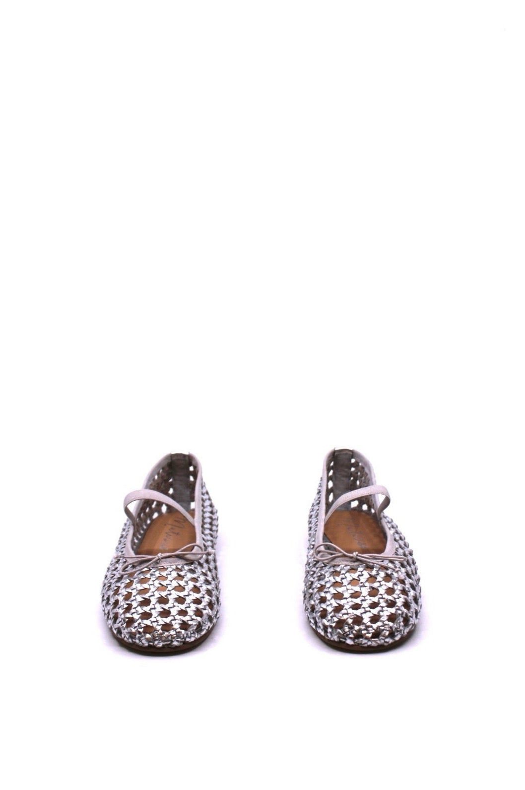 Matisse Eloise Silver front view- Dear Lucy Mesh ballet flats in silver featuring an elastic foot band and an elastic bow at the front.