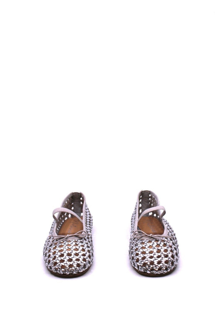 Matisse Eloise Silver front view- Dear Lucy Mesh ballet flats in silver featuring an elastic foot band and an elastic bow at the front.