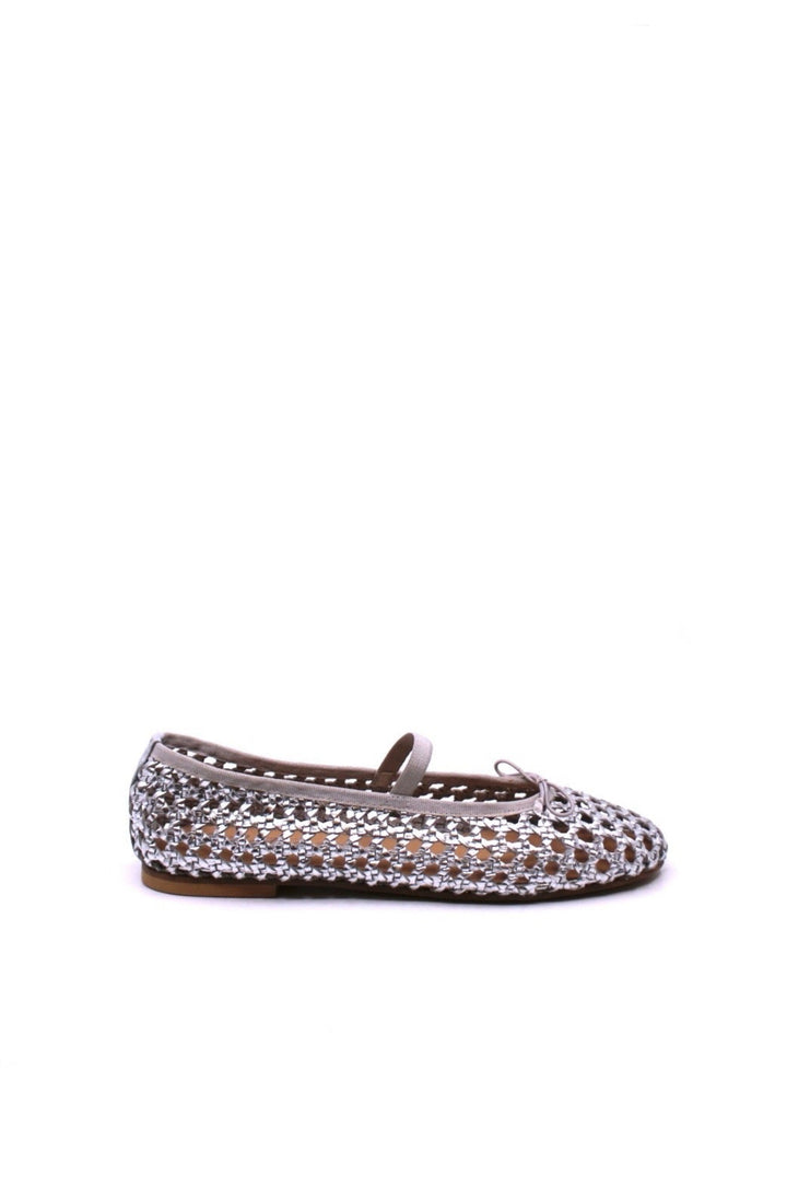 Matisse Eloise Silver side view - Dear Lucy Mesh ballet flats in silver featuring an elastic foot band and an elastic bow at the front.
