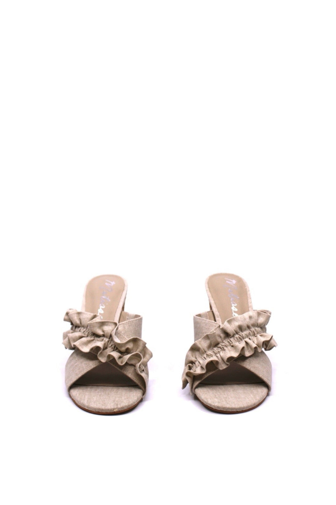 Matisse Pleasant Natural Linen front view- Dear Lucy Heel featuring a wooden heel and linen upper with a criss-cross strap and ruffles.
