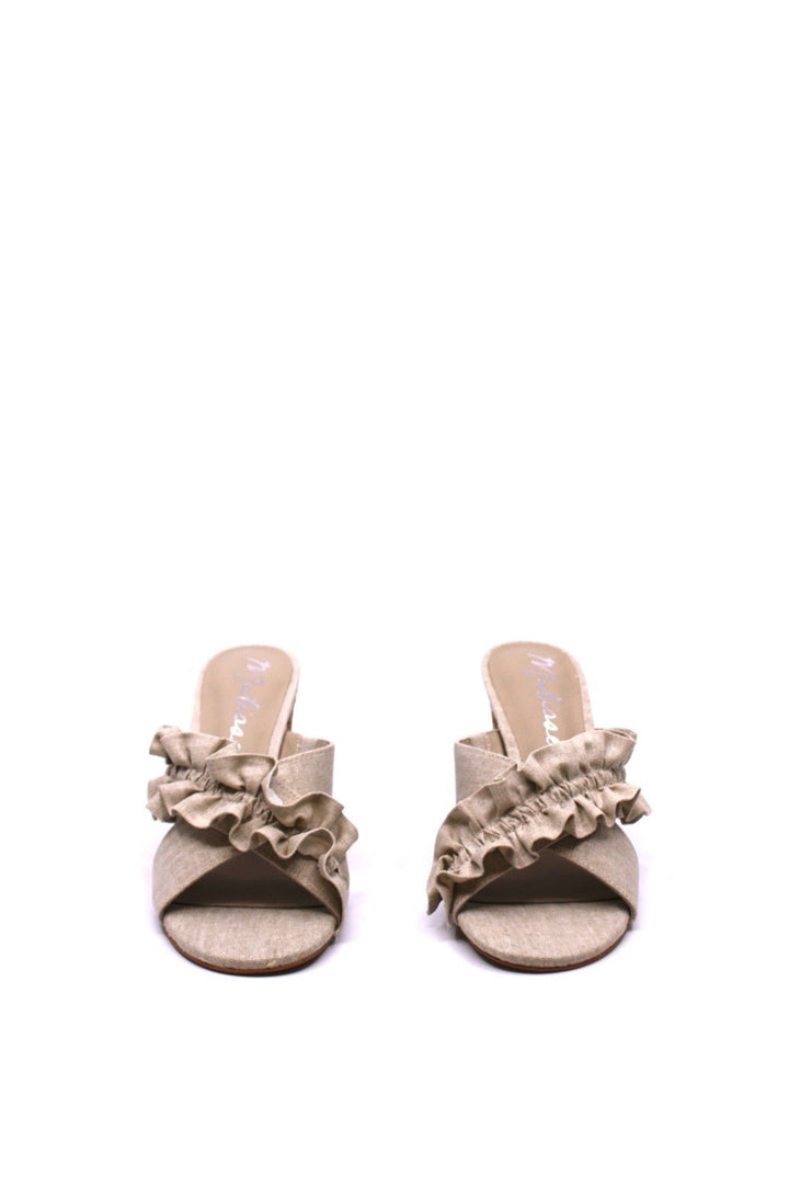 Matisse Pleasant Natural Linen front view- Dear Lucy Heel featuring a wooden heel and linen upper with a criss-cross strap and ruffles.