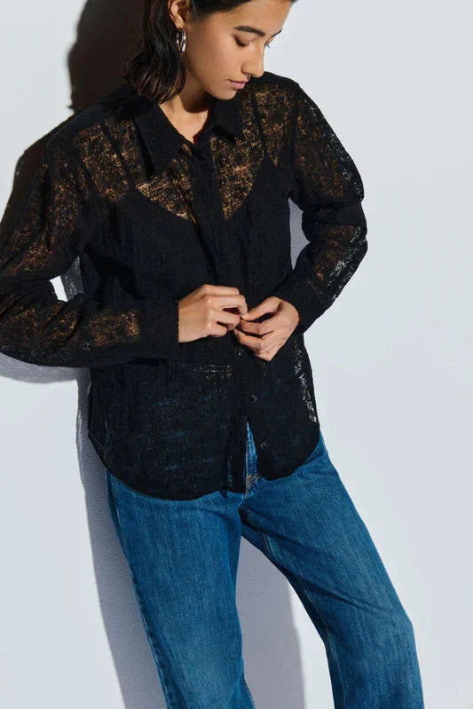 Nation Burke Top front view- Dear Lucy Featuring a full-length lace design with functional button placket and opaque cuffs