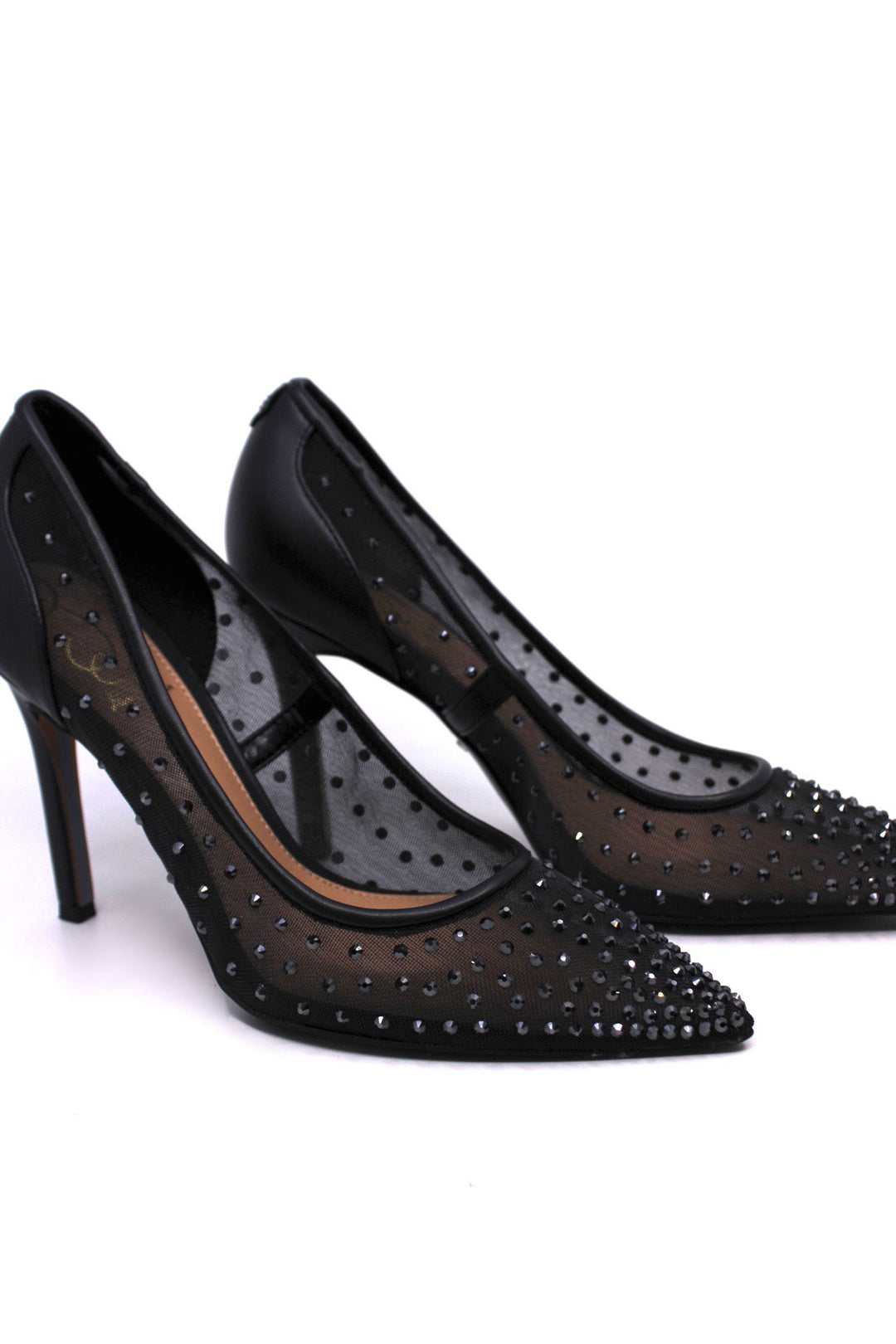 Sam Edelman Hazel Mesh Black side view- Dear Lucy a playful twist on our classic pump featuring a cool mesh upper and sparkling crystal accents,