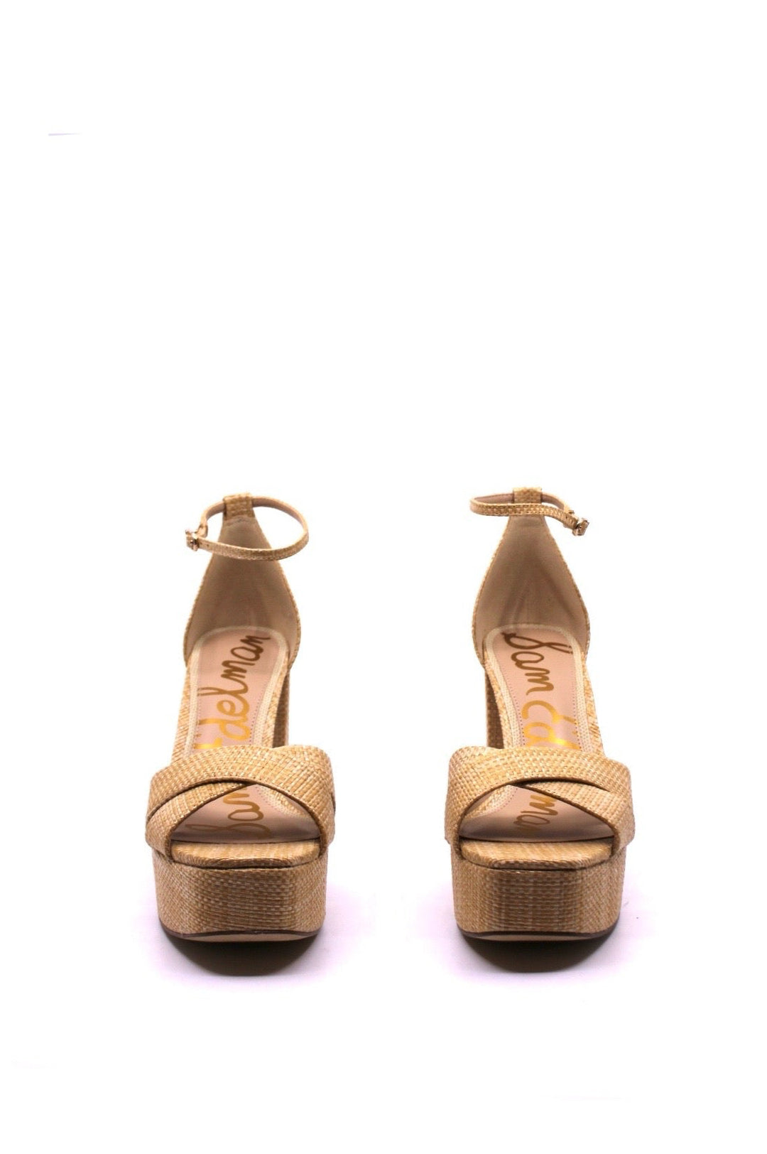 Sam Edelman Jullian Bleached Beechwood front view - Dear Lucy Featuring a crisscross platform design, ankle strap, and block heel