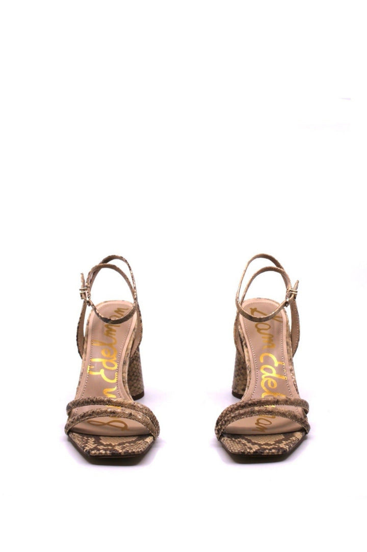 Sam Edelman Kia Oak Python Multi front view- Dear Lucy features a slender ankle strap and stylish block heel, with snake skin fabric 