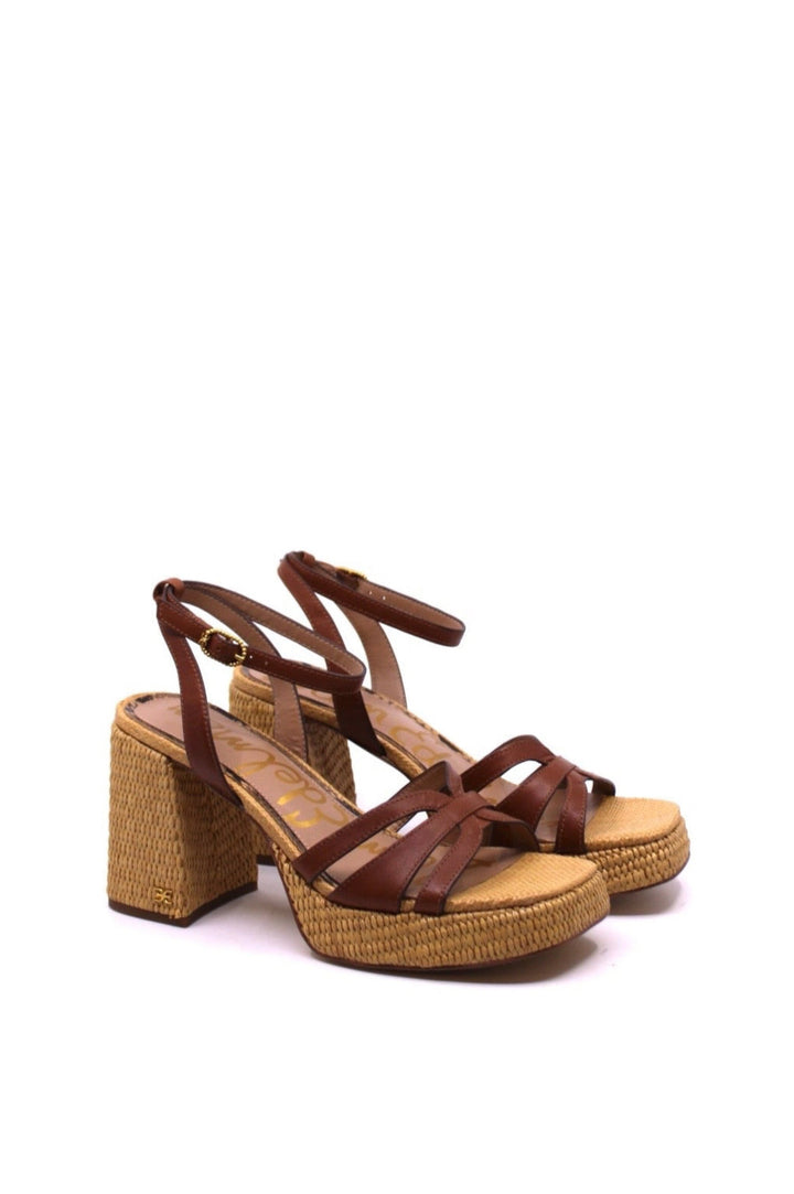 Sam Edelman Reese Rich Cognac side view- Dear Lucy Boasting a woven texture and block heel, this sandal elevates both height and style, while providing all-day comfort