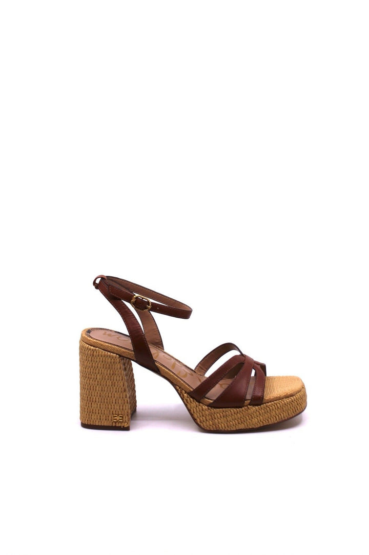 Sam Edelman Reese Rich Cognac side view- Dear Lucy Boasting a woven texture and block heel, this sandal elevates both height and style, while providing all-day comfort