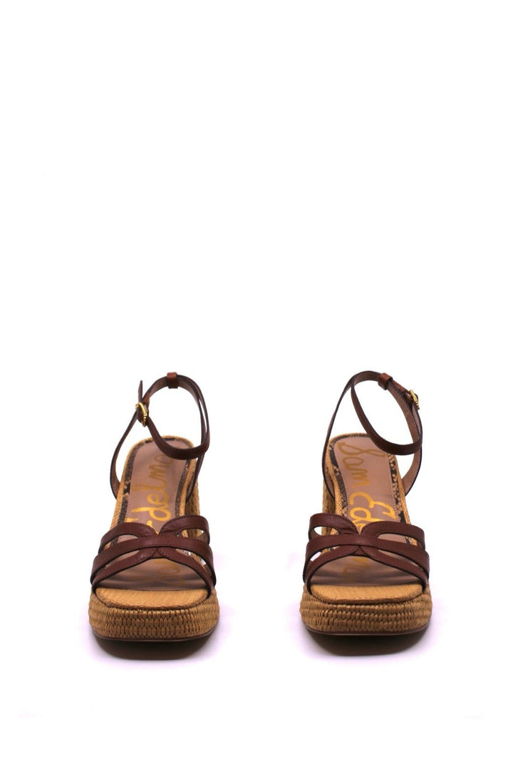 Sam Edelman Reese Rich Cognac front view- Dear Lucy Boasting a woven texture and block heel, this sandal elevates both height and style, while providing all-day comfort