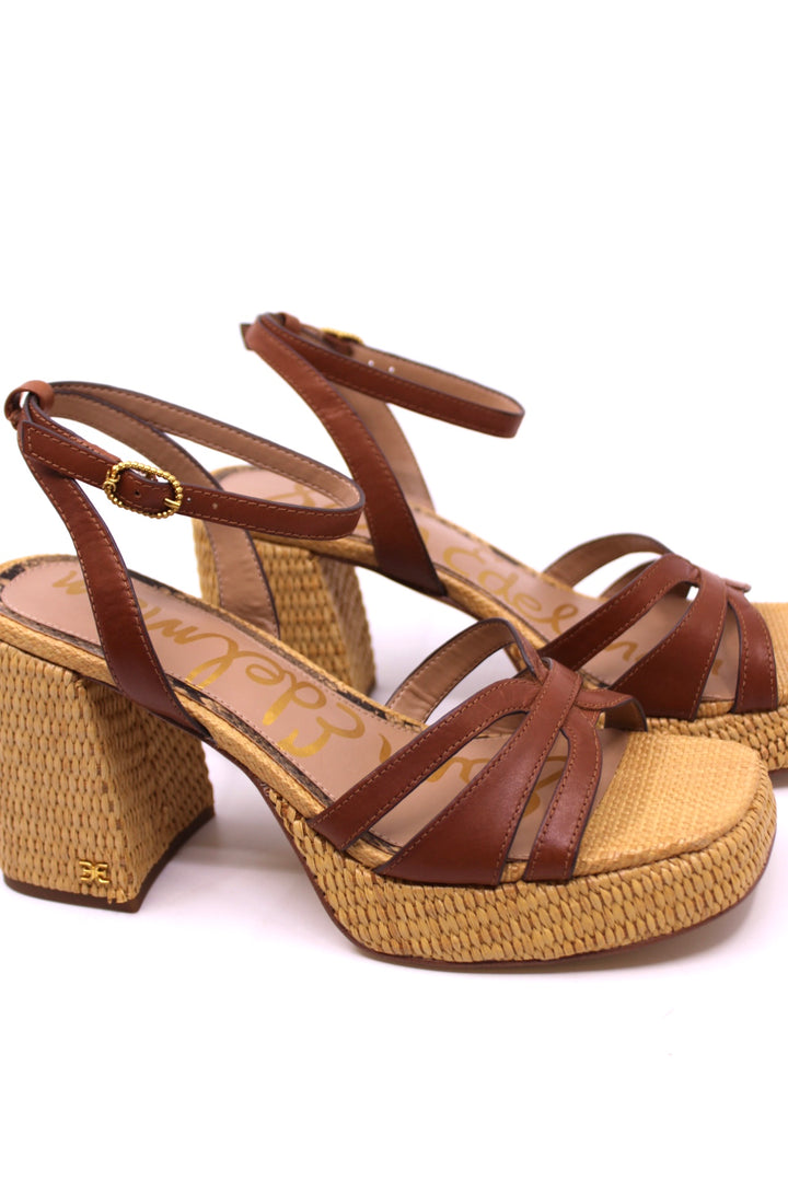 Sam Edelman Reese Rich Cognac side view- Dear Lucy Boasting a woven texture and block heel, this sandal elevates both height and style, while providing all-day comfort