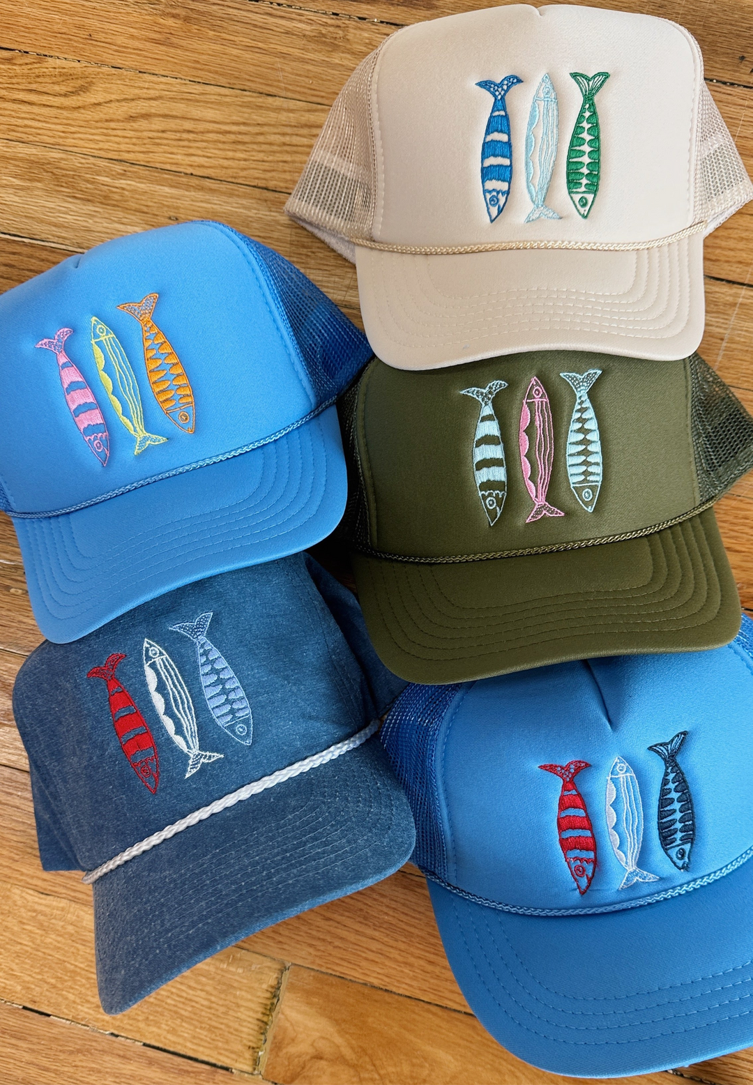 The Sardine Trucker Hat is perfect for summer! Funky colors, sardines, beach vibes!
