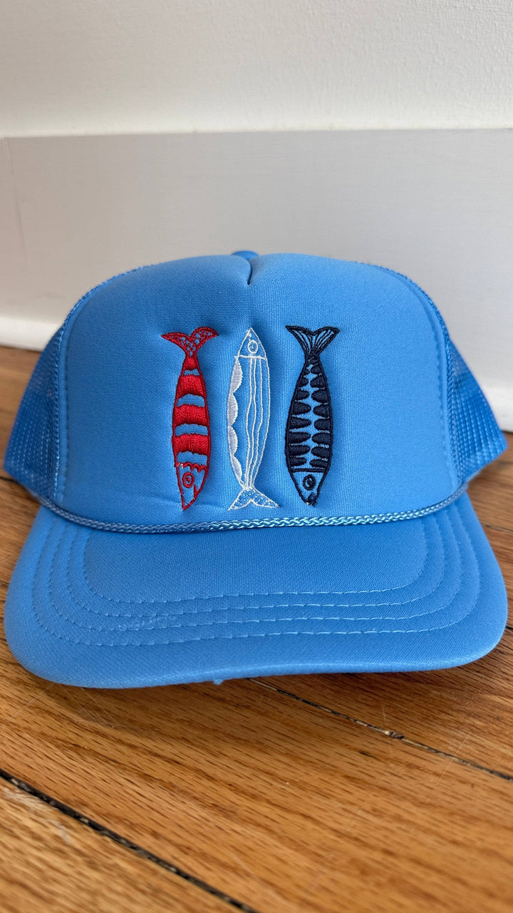 The Sardine Trucker Hat is perfect for summer! Funky colors, sardines, beach vibes!
