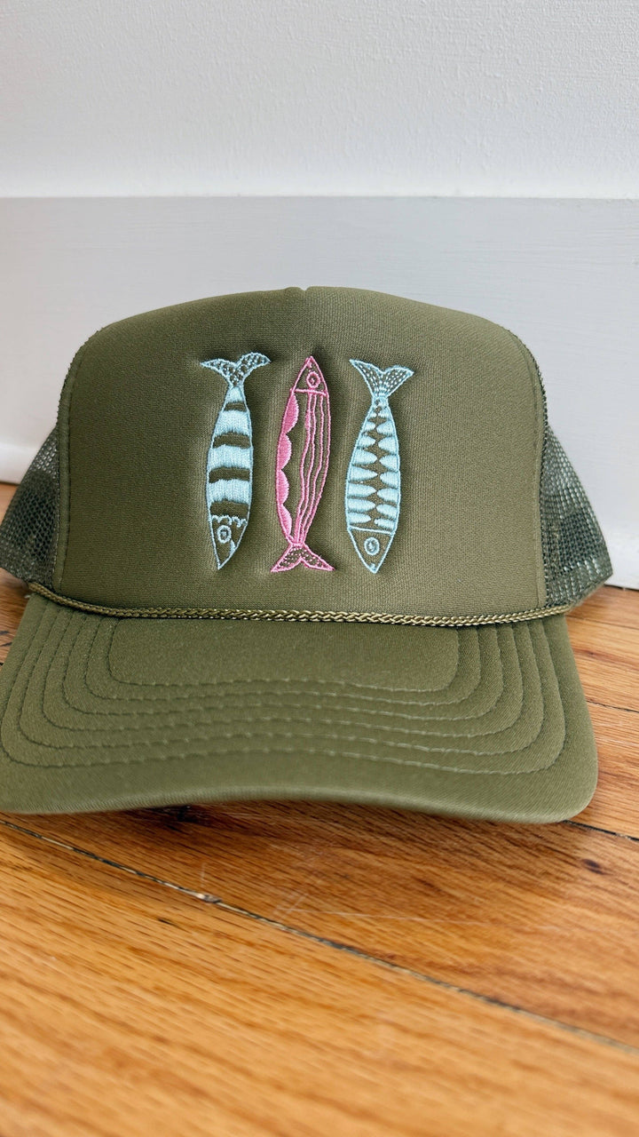 The Sardine Trucker Hat is perfect for summer! Funky colors, sardines, beach vibes!