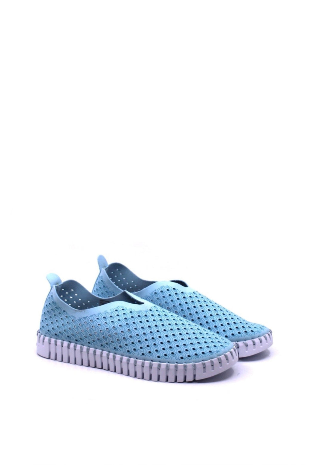 Features a perforated design, flexible sole, and easy slip-on style with a rubber sole and flexible leather upper in sapphire. 