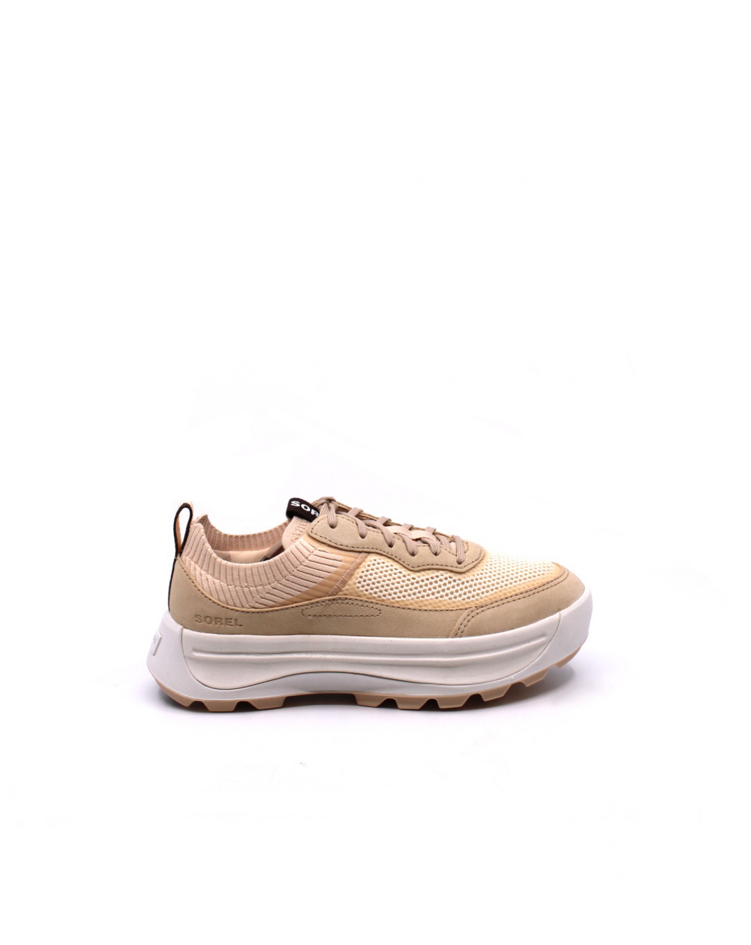 Sorel ONA 503 Knit Low White Peach/Nova Sand - Dear Lucy UPPER: Custom knit collar design combined with breathable mesh upper and suede combination. TPU overlays. Textile lining.
FOOTBED: Removable molded EVA, textile topcover.
MIDSOLE: Lightweight molded Livelyfoam. Midsole made with 10% Bloom, an algae-biomass-containing material.
OUTSOLE: Molded rubber with ground contact EVA.
LACE LENGTH: 40 in.