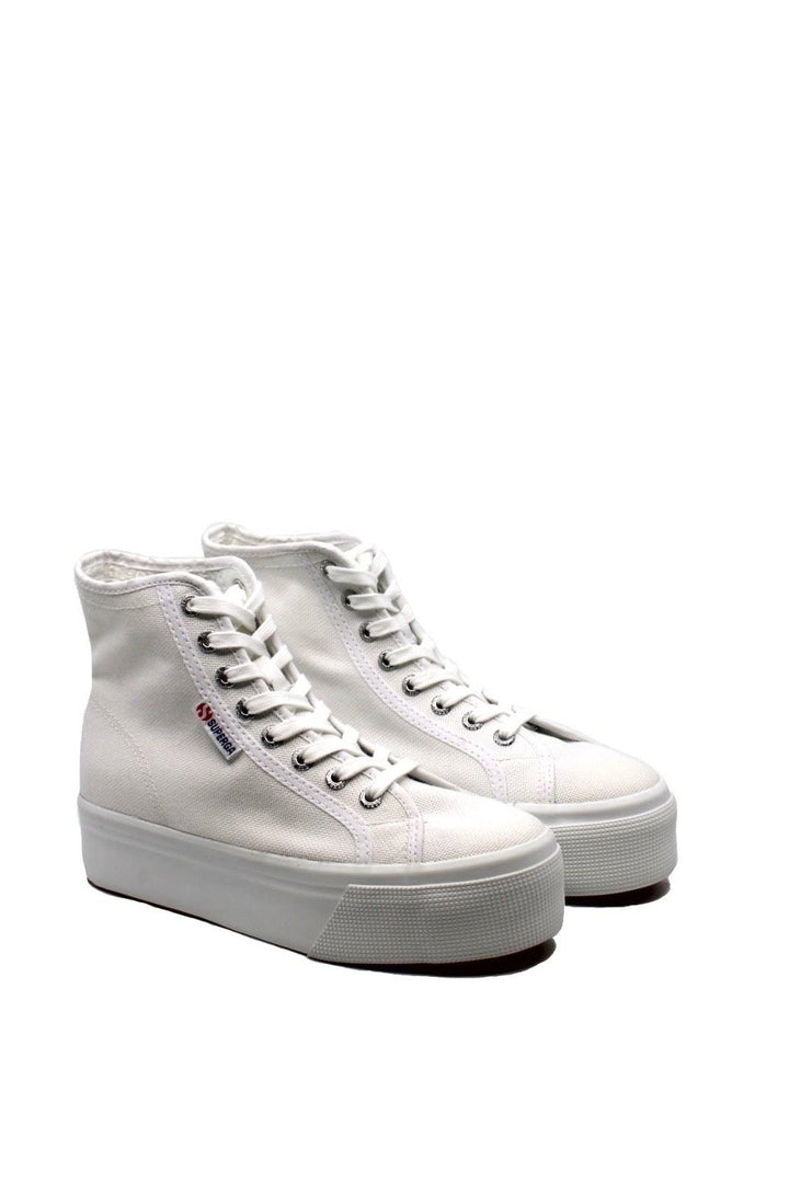 Superga 2708 Platform Hi Top White - Dear Lucy Level up any outfit with the Superga 2708 Platform Hi Top in white. This sneaker is the perfect classic hi top for any casual day, with a woven canvas outer and a cushioned 1.75" rubber platform sole.&nbsp;