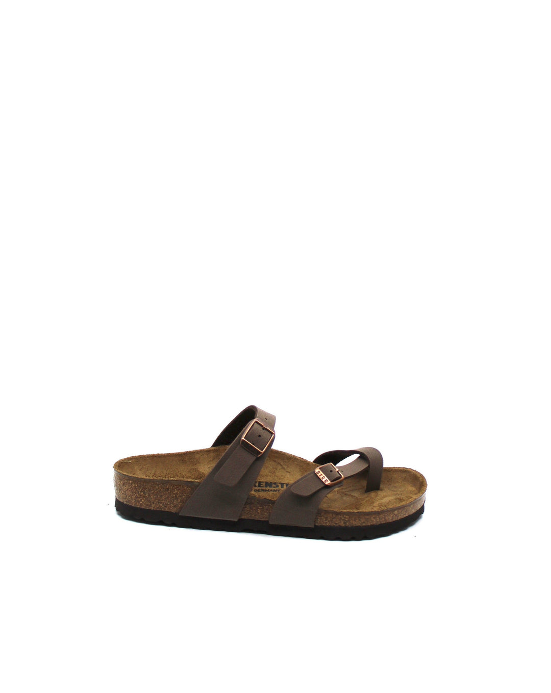 Birkenstock Mayari Mocha Birko-Flor side view- Dear Lucy
slide-on sandal with an adjustable toe-loop strap and a second adjustable strap with copper buckles with a cork footbed in mocha.