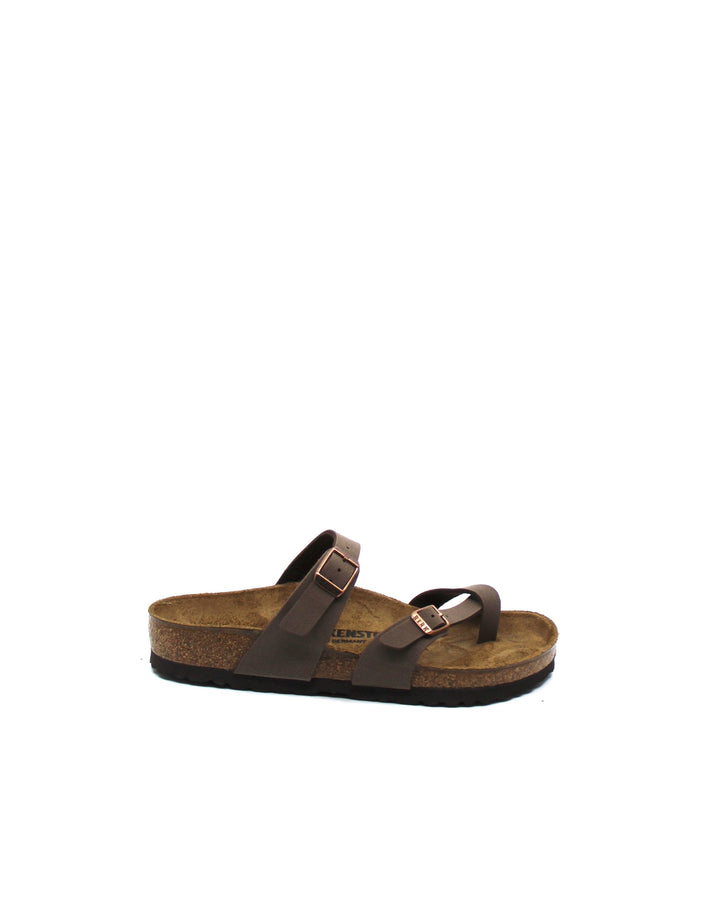 Birkenstock Mayari Mocha Birko-Flor side view- Dear Lucy
slide-on sandal with an adjustable toe-loop strap and a second adjustable strap with copper buckles with a cork footbed in mocha.