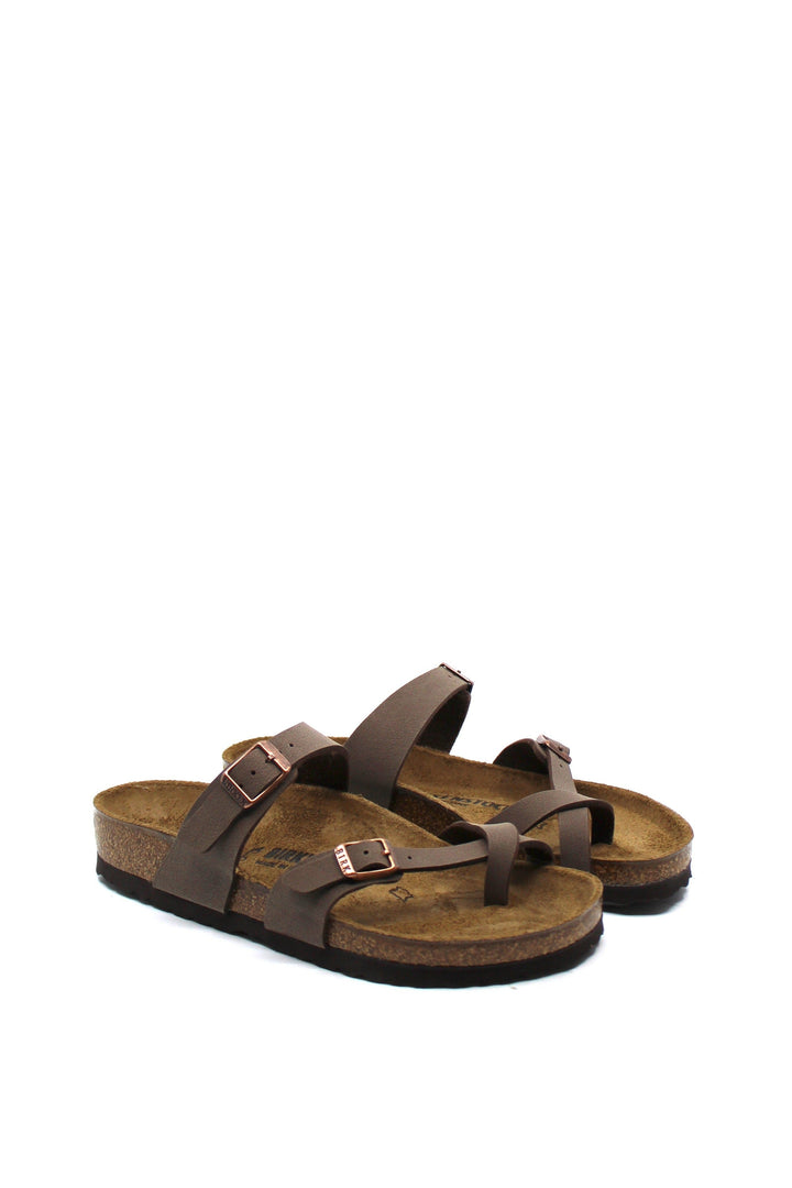 Birkenstock Mayari Mocha Birko-Flor side view- Dear Lucy
slide-on sandal with an adjustable toe-loop strap and a second adjustable strap with copper buckles with a cork footbed in mocha.
