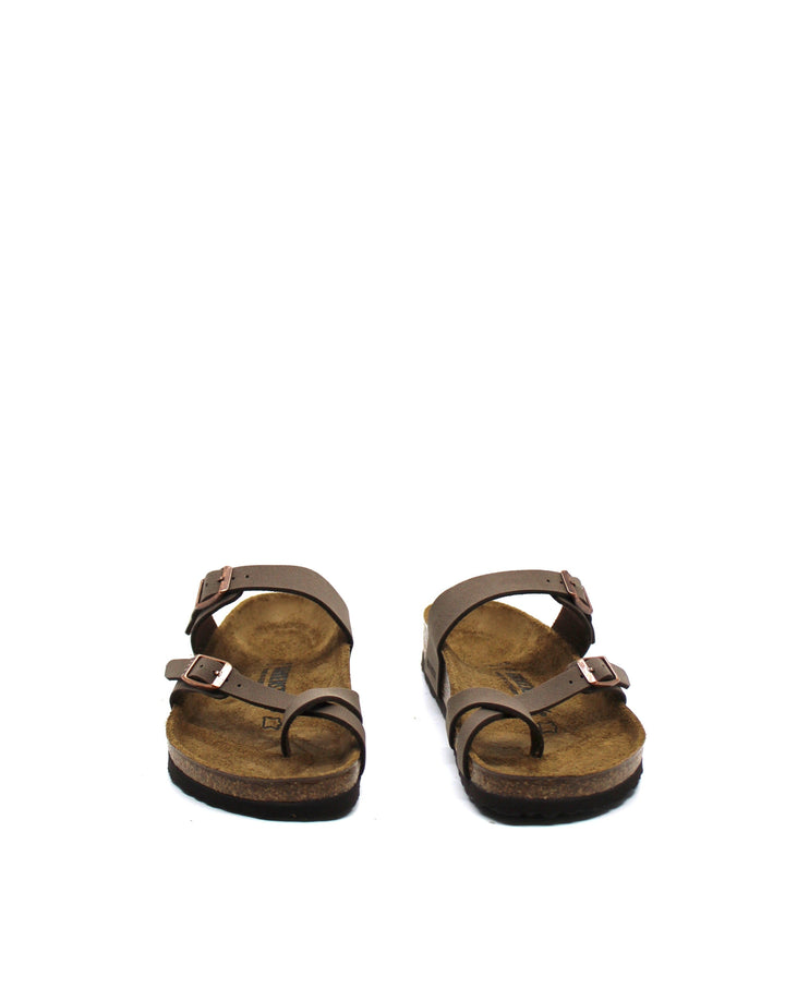 Birkenstock Mayari Mocha Birko-Flor front view- Dear Lucy
slide-on sandal with an adjustable toe-loop strap and a second adjustable strap with copper buckles with a cork footbed in mocha.