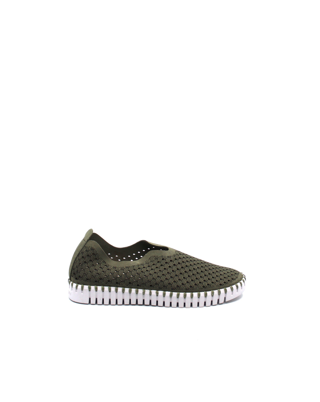 Ilse Jacobsen Tulip 139 Army side view - Dear Lucy
Features a perforated design, flexible sole, and easy slip-on style with a rubber sole and flexible leather upper in army.